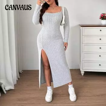 Женское осеннее новое простое повседневное узкое длинное платье с разрезом 1XL серый