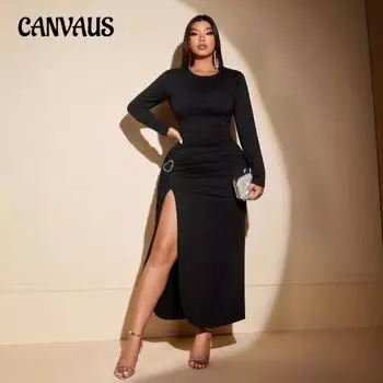 Женское осеннее новое простое сексуальное длинное платье Spice Girl Folds с тонким разрезом 1XL чёрный