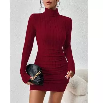 Женское осеннее облегающее мини-платье с длинным рукавом и высоким воротником S чёрный