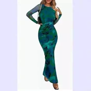 Женское осеннее облегающее плиссированное сексуальное платье с длинными рукавами и цветочным принтом XS зелёный