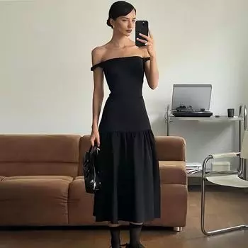 Женское осеннее однотонное модное платье облегающего кроя на плечах, груди и талии S чёрный