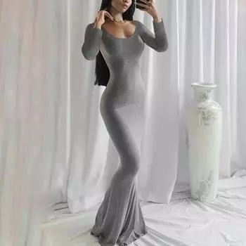 Женское осеннее однотонное облегающее платье макси с овальным вырезом и длинным рукавом, облегающее платье макси с рыбьим хвостом, уличная одежда M чёрный