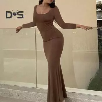 Женское осеннее однотонное облегающее платье макси с овальным вырезом и длинным рукавом, облегающее платье макси с рыбьим хвостом, уличная одежда M чёрный