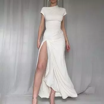 Женское осеннее однотонное платье с круглым вырезом и сексуальным разрезом S белый