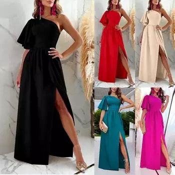 Женское осеннее однотонное платье с разрезом на плечах и рюшами M