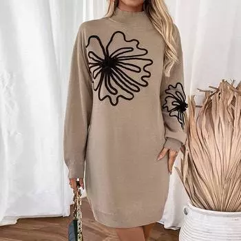 Женское осеннее однотонное трикотажное платье-свитер с цветочным принтом, повседневная темпераментная трикотажная юбка с полуводолазкой S хаки