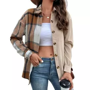 Женское осеннее пальто-кардиган с длинными рукавами в клетку в стиле пэчворк M