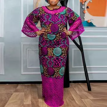 Женское осеннее платье больших размеров с круглым вырезом и длинными рукавами с принтом M темно-розовый