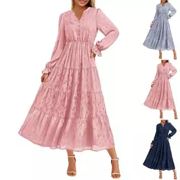 Женское осеннее платье макси с длинным рукавом, цветочное, элегантное, с V-образным вырезом, многоуровневое, струящееся, коктейльное платье для гостей на свадьбу M синий