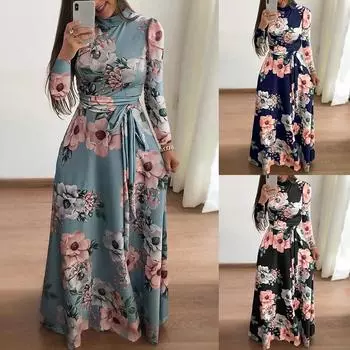 Женское осеннее платье макси с длинными рукавами и принтом S чёрный