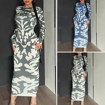 Женское осеннее платье макси с геометрическим принтом и длинным рукавом с круглым вырезом и открытой спиной, облегающее облегающее платье L зелёный