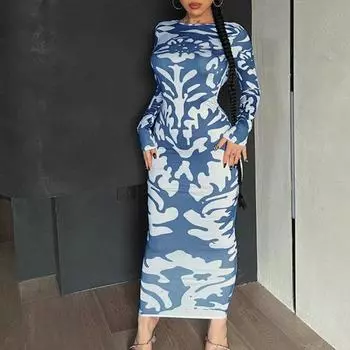 Женское осеннее платье макси с геометрическим принтом, длинным рукавом, круглым вырезом, открытой спиной, облегающее платье, облегающее платье L зелёный