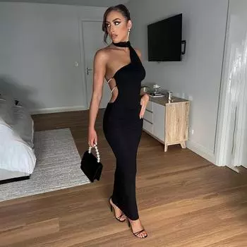 Женское осеннее платье на одно плечо с открытой спиной и сексуальным воротом на шее S чёрный