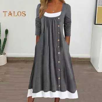 Женское осеннее платье, подходящее по цвету лоскутное платье из двух частей, плиссированное платье с пуговицами, трапециевидное платье с боковыми карманами и длинными рукавами, с круглым вырезом, миди-платье S хаки