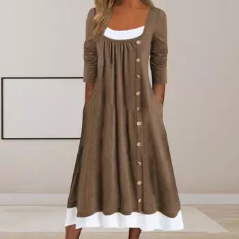 Женское осеннее платье, подходящее по цвету лоскутное платье из двух частей, плиссированное платье с пуговицами, трапециевидное платье с боковыми карманами и длинными рукавами, с круглым вырезом, миди-платье S хаки