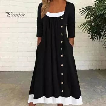 Женское осеннее платье, подходящее по цвету лоскутное платье из двух частей, плиссированное платье с пуговицами, трапециевидное платье с боковыми карманами и длинными рукавами, с круглым вырезом, миди-платье S хаки