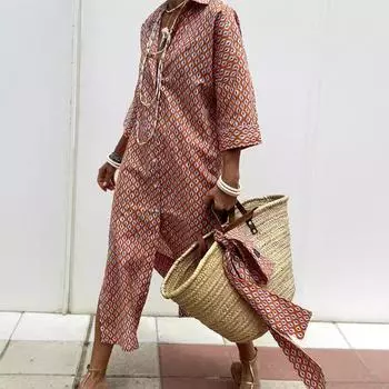 Женское осеннее платье-рубашка с рукавами 1/2 в полоску и разрезом по бокам S красный