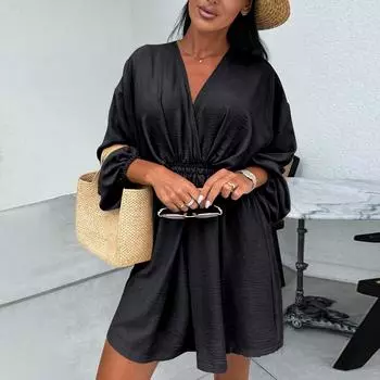 Женское осеннее платье с длинным рукавом и V-образным вырезом на талии для женщин L чёрный