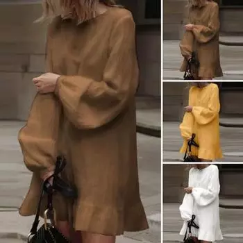 Женское осеннее платье с длинным рукавом и круглым вырезом, сплошной цвет, свободные рюши, большие размеры, лоскутное богемное повседневное мини-платье для отпуска M белый