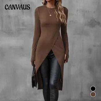 Женское осеннее платье с длинным рукавом, сексуальным разрезом и круглым вырезом, модное облегающее платье, закрывающее ягодицы XS темный кофе
