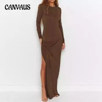 Женское осеннее платье с длинным рукавом и открытой спиной, с круглым вырезом и разрезом на ягодицах XS света кофе