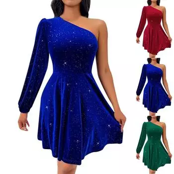 Женское осеннее платье с длинным рукавом и косыми плечами, однотонное, с завышенной талией, сексуальное L синий