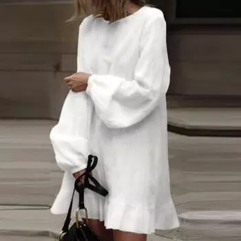 Женское осеннее платье с длинным рукавом и круглым вырезом, сплошной цвет, свободные рюши, большие размеры, лоскутное платье в богемном стиле, повседневная одежда, мини-платье для отпуска M белый