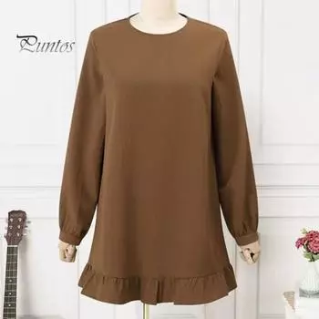 Женское осеннее платье с длинным рукавом и круглым вырезом, сплошной цвет, свободные рюши, большие размеры, лоскутное платье в богемном стиле, повседневная одежда, мини-платье для отпуска M белый