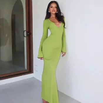 Женское осеннее платье с длинным рукавом и V-образным вырезом, модное облегающее платье S зелёный