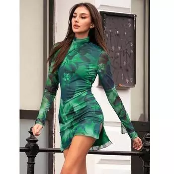 Женское осеннее платье с длинным рукавом и высоким воротником, облегающее, облегающее, однотонное, мини-платье S зелёный