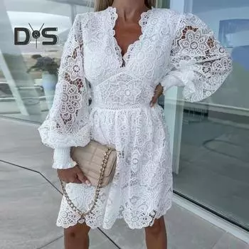 Женское осеннее платье с кружевом, ажурным вырезом, А-силуэтом, свободным подолом, V-образным вырезом, длинным рукавом, однотонное, мягкое, двухслойное, с высокой талией, эластичными манжетами, длиной до колена, миди 2XL белый