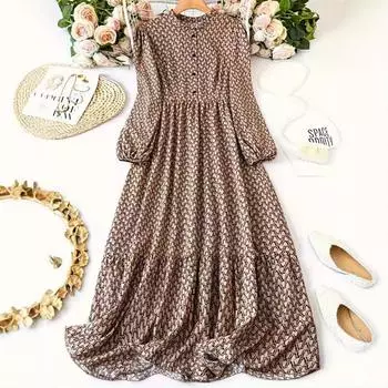 Женское осеннее платье с принтом и длинными рукавами больших размеров L кофейный