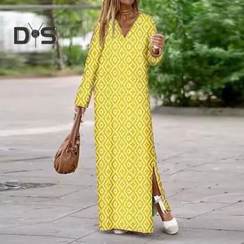 Женское осеннее платье с разрезом подол, v-образным вырезом и длинными рукавами, контрастное цветное платье, свободное геометрическое платье, полная длина, мягкое дышащее платье макси 2XL коричневый