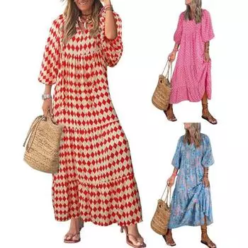 Женское осеннее платье с рукавами-фонариками, V-образным вырезом, принтом, А-силуэта, свободного покроя, длиной до щиколотки, в стиле пэчворк, в стиле бохо, пляж L красный