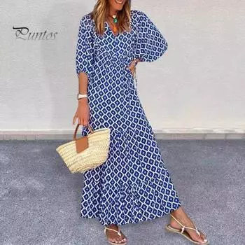 Женское осеннее платье с рукавами-фонариками, V-образным вырезом и принтом, А-силуэта, свободного покроя, длиной до щиколотки, пэчворк, бохо, пляжное макси-платье, повседневное длинное платье L красный