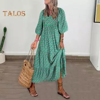 Женское осеннее платье с рукавами-фонариками, V-образным вырезом и принтом, А-силуэта, свободного покроя, длиной до щиколотки, пэчворк, бохо, пляжное макси-платье, повседневное длинное платье L темно-синий