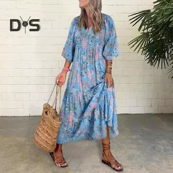 Женское осеннее платье с рукавами-фонариками, V-образным вырезом и принтом, А-силуэта, свободного покроя, длиной до щиколотки, пэчворк, бохо, пляжное макси-платье, повседневное длинное платье L темно-синий