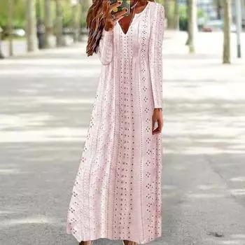 Женское осеннее платье с v-образным вырезом и длинным рукавом, сплошное цветное свободное платье длиной до щиколотки, мягкое дышащее платье для свиданий, весеннее платье макси для покупок S белый