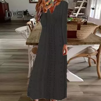 Женское осеннее платье с v-образным вырезом и длинным рукавом, сплошное цветное свободное платье длиной до щиколотки, мягкое дышащее платье для свиданий, весеннее платье макси для покупок S белый