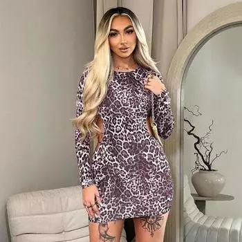 Женское осеннее платье Spice Style с леопардовым принтом, длинными рукавами, сексуальным халтером, шнуровкой, облегающим силуэтом и запахом на бедрах S цветной печати леопарда