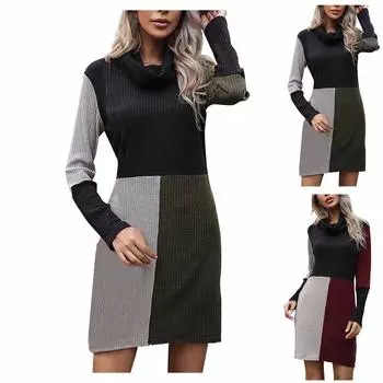 Женское осеннее платье-свитер с длинным рукавом и водолазкой в стиле пэчворк L красный