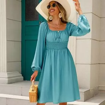 Женское осеннее платье-юбка-трапеция с прямым воротником и однотонной талией S чёрный