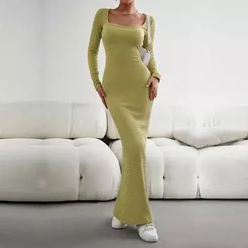 Женское осеннее приталенное трикотажное платье с квадратным вырезом и длинным рукавом S чёрный