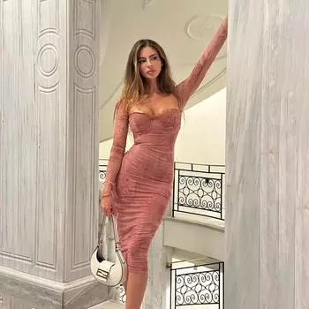 Женское осеннее сексуальное облегающее платье с длинными рукавами в стиле ретро с открытой спиной и квадратным воротником в стиле ретро S розовый