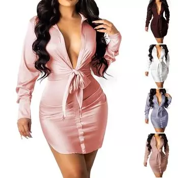 Женское осеннее сексуальное однотонное тонкое платье-рубашка с глубоким v-образным вырезом и длинными рукавами M бежевый