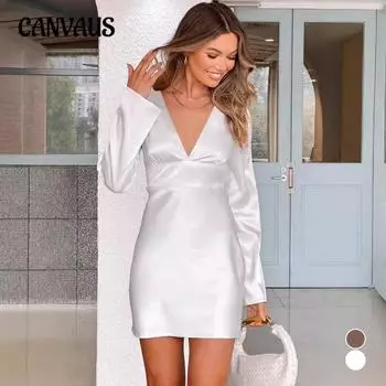 Женское осеннее сексуальное платье с V-образным вырезом, плиссировкой и открытой спиной, длинными рукавами XS белый