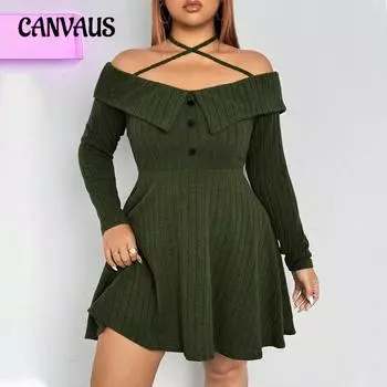 Женское осеннее сексуальное трендовое платье с открытыми плечами и бретельками через шею 1XL армия зеленый