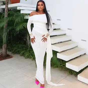 Женское осеннее темпераментное однотонное платье с диагональными плечами и длинными рукавами, облегающее сетчатое платье S белый