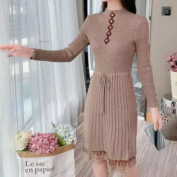 Женское осеннее трикотажное хлопковое платье со стоячим воротником, однотонное винтажное платье с высокой талией и длинными рукавами