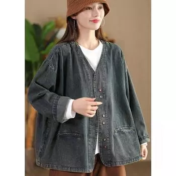 Женское осеннее V-образное вырезное винтажное свободное ретро повседневное ковбойское пальто Niche с длинными рукавами индивидуальное пальто One Size